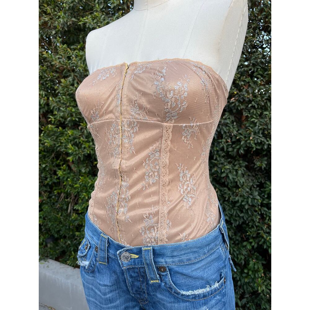 Y2K Hourglass Nude Brown Gold Lace Strapless Corset Small - Picture 10 of 12